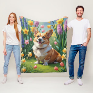Corgi-hond lente bloemen schilderij fleece deken