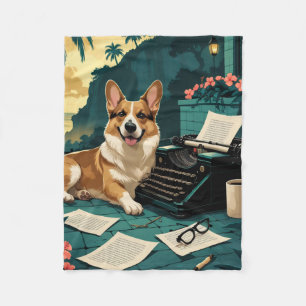 Corgi-hond met glanzende vacht en een heren vintag fleece deken