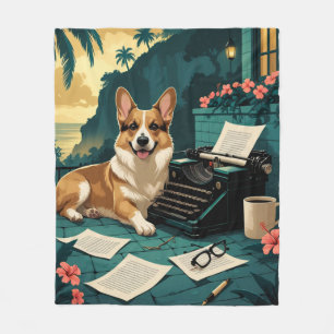 Corgi-hond met glanzende vacht en een heren vintag fleece deken