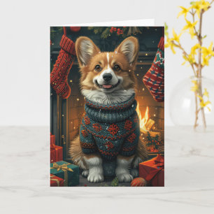 Corgi-hond met kerstcadeaus bij de open haard kaart
