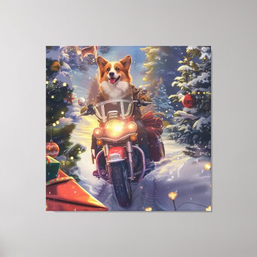 Corgi Hond Rijden Motorfiets Kerstmis Canvas Afdruk (Voorkant)