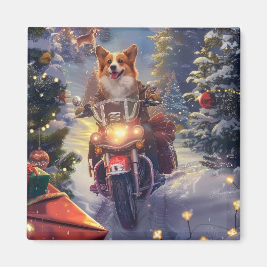 Corgi Hond Rijden Motorfiets Kerstmis Magneet (Voorkant)