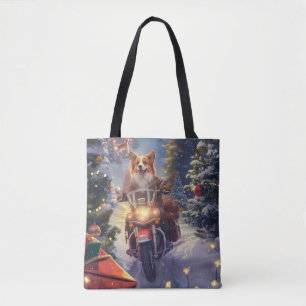 Corgi-hond rijdt op motorfiets met Kerstmis Draagtas