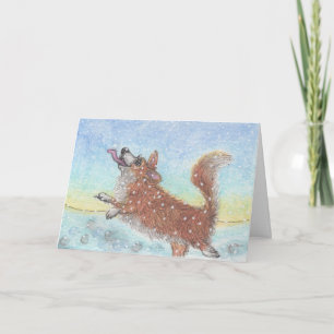 Corgi hond, sneeuwvlokken vangen feestdagen kaart