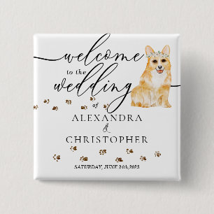 Corgi-hond welkom op de bruiloft schatje vierkante button 5,1 cm
