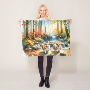 Corgi honden in een bosrijke stroom met herfstkleu fleece deken