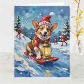 Corgi Ice Slider Christmas Lantern Hat Kaart (Gele Bloem)
