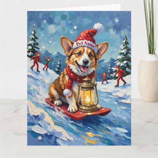 Corgi Ice Slider Christmas Lantern Hat Kaart (Voorkant)