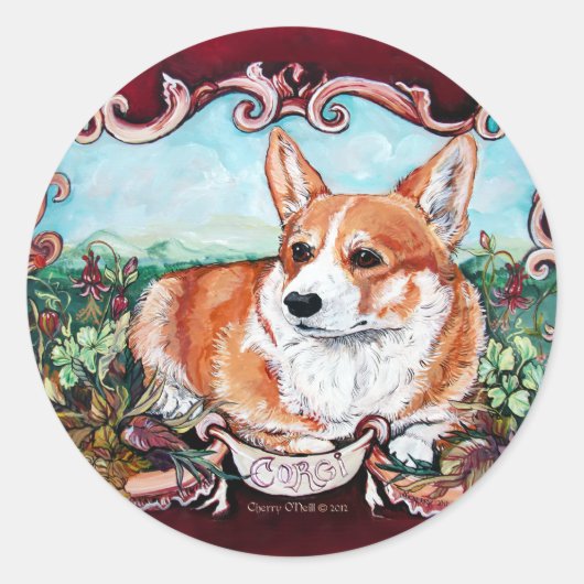 Corgi in de tuin! ronde sticker (Voorkant)