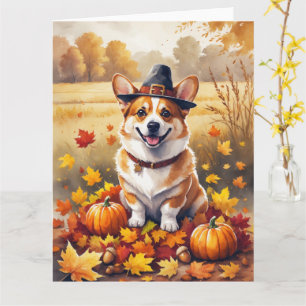 Corgi in herfstbladeren Thanksgiving kunst Kaart