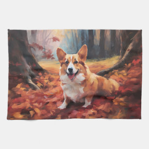Corgi in herfstbladeren val inspireert theedoek