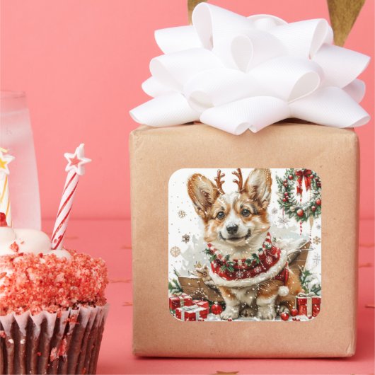 Corgi in rendierkostuum van Sleigh Vierkante Sticker (Feest)