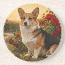 Corgi in the Roses II Zandsteen Onderzetter