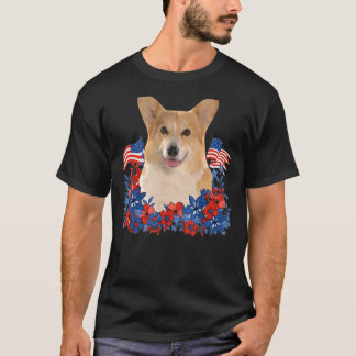 Corgi Independent Flowers Dog American Flag T-shirt