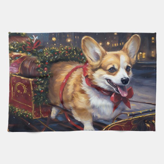 Corgi Kerstmis Feestelijk Seizoen Theedoek (Horizontaal)