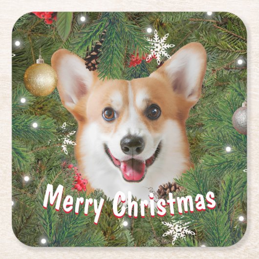 Corgi Kerstmis Vierkante Kartonnen Onderzetter (Voorkant)