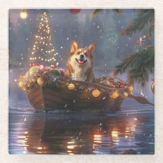 Corgi Kerstvakantie Glazen Onderzetter (Voorkant)