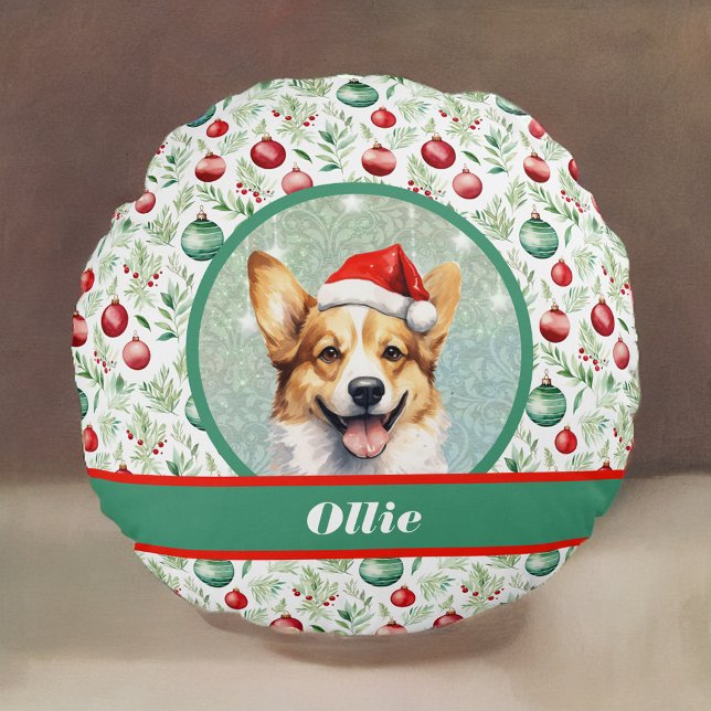Corgi Kunst met Kerstmuts en Kerstmispatroon Rond Kussen (Creator heeft geüpload)