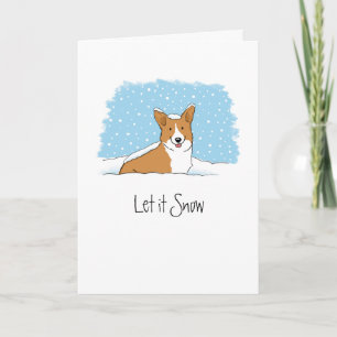 Corgi laat het sneeuwkamperen met witte kerst feestdagen kaart