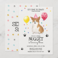 Corgi laat Pawty Dog Birthday Invitation roze