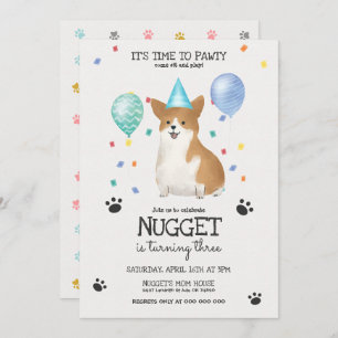 Corgi Lets Pawty Dog Birthday Invitation Blue Kaart