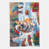 Corgi loopt in de sneeuw met kerst Pet Theedoek (Verticaal)