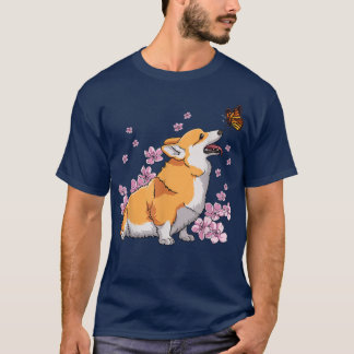 Corgi met Butterfly Japanse Sakura Cherry Blosso T-shirt