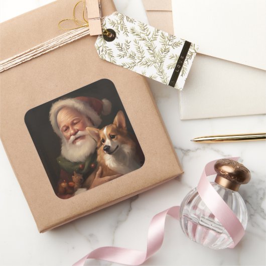 Corgi met Sinterklaas Feestelijke Kerstmis Vierkante Sticker (Geschenken)