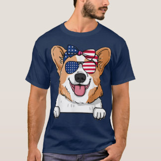 corgi met zonnebril uit de VS en vlaggestaat uit T-shirt