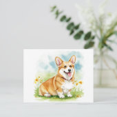 Corgi mignonne avec carte postale Fleurs (Debout devant)