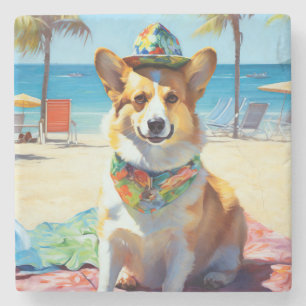 Corgi on Beach, zomercadeau voor hondenliefhebbers Stenen Onderzetter