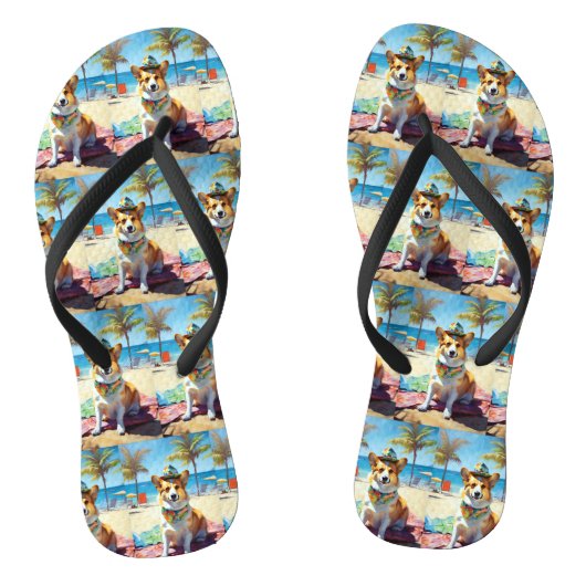 Corgi on Beach, zomercadeau voor hondenliefhebbers Teenslippers (Voetbed)