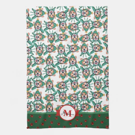 Corgi Pattern Monogram Kerstmis Dog Kitchen Towel Theedoek (Verticaal)