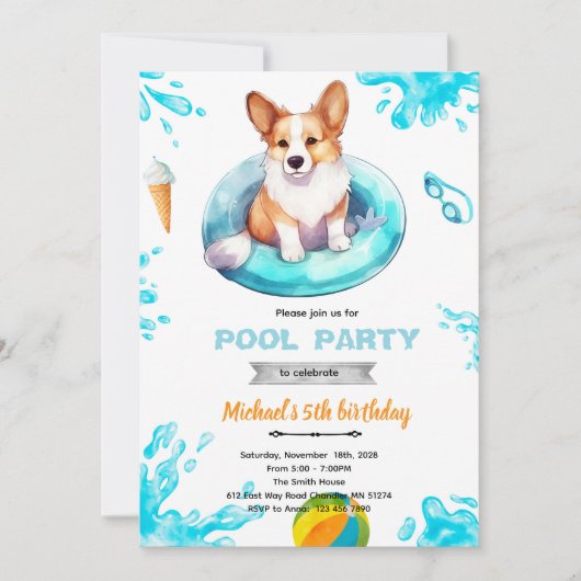 Corgi pool party Invite Kaart (Voorkant)