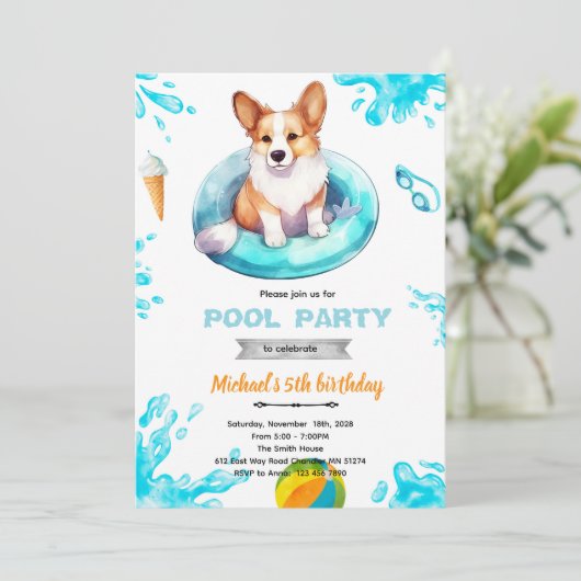 Corgi pool party Invite Kaart (Staand voorkant)