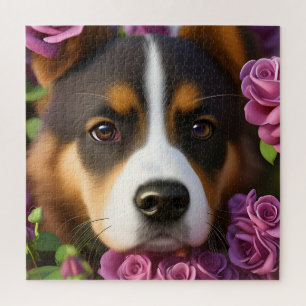Corgi Puppy bij paarse rozen Legpuzzel