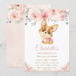 Corgi Puppy Dog Blush Roze Bloemen Meisje Verjaard Kaart