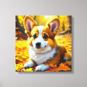 Corgi Puppy Dog Spelen In Herfst Bladeren Canvas Afdruk
