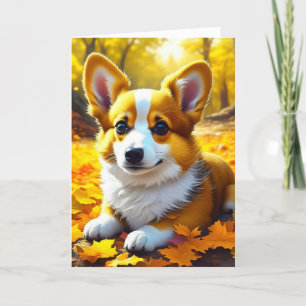 Corgi Puppy Dog Spelen In Herfst Bladeren Kaart