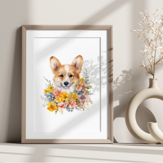 Corgi Puppy Funny Pet Waterverf Flower Poster