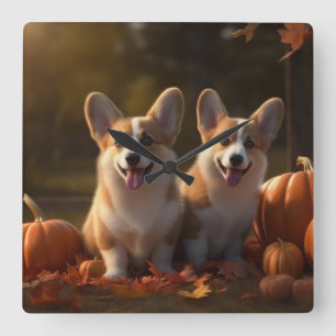 Corgi Puppy Herfst Plezier Pompoen Vierkante Klok