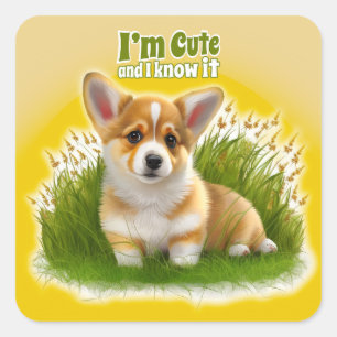 Corgi puppy op het gras   schattehuisdier vierkante sticker