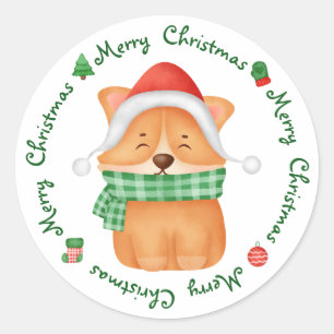 Corgi Puppy Santa Dog Cute Festive Merry Kerstmis Ronde Sticker