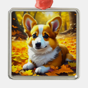 Corgi Puppyp Hond Speelt in de Herfstbladeren Metalen Ornament