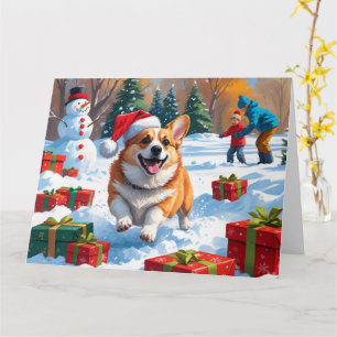 Corgi Rent in de Sneeuw met Kerstmuts Kaart