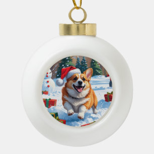 Corgi Rent in de Sneeuw met Kerstmuts Keramische Bal Ornament