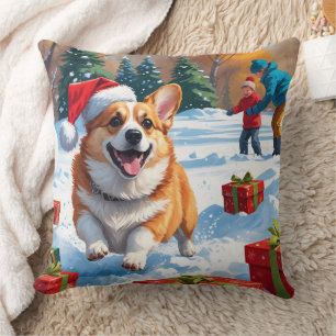 Corgi Rent in de Sneeuw met Kerstmuts Kussen