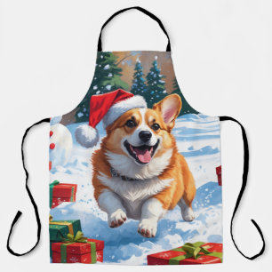 Corgi Rent in de Sneeuw met Kerstmuts Schort