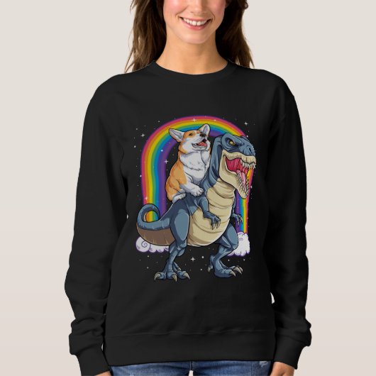 Corgi Riding Dinosaur rex Men Women Rainbow Trui (Voorkant)