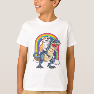 Corgi Riding Dinosaur T rex Funny Space Galaxy Rai T-shirt
